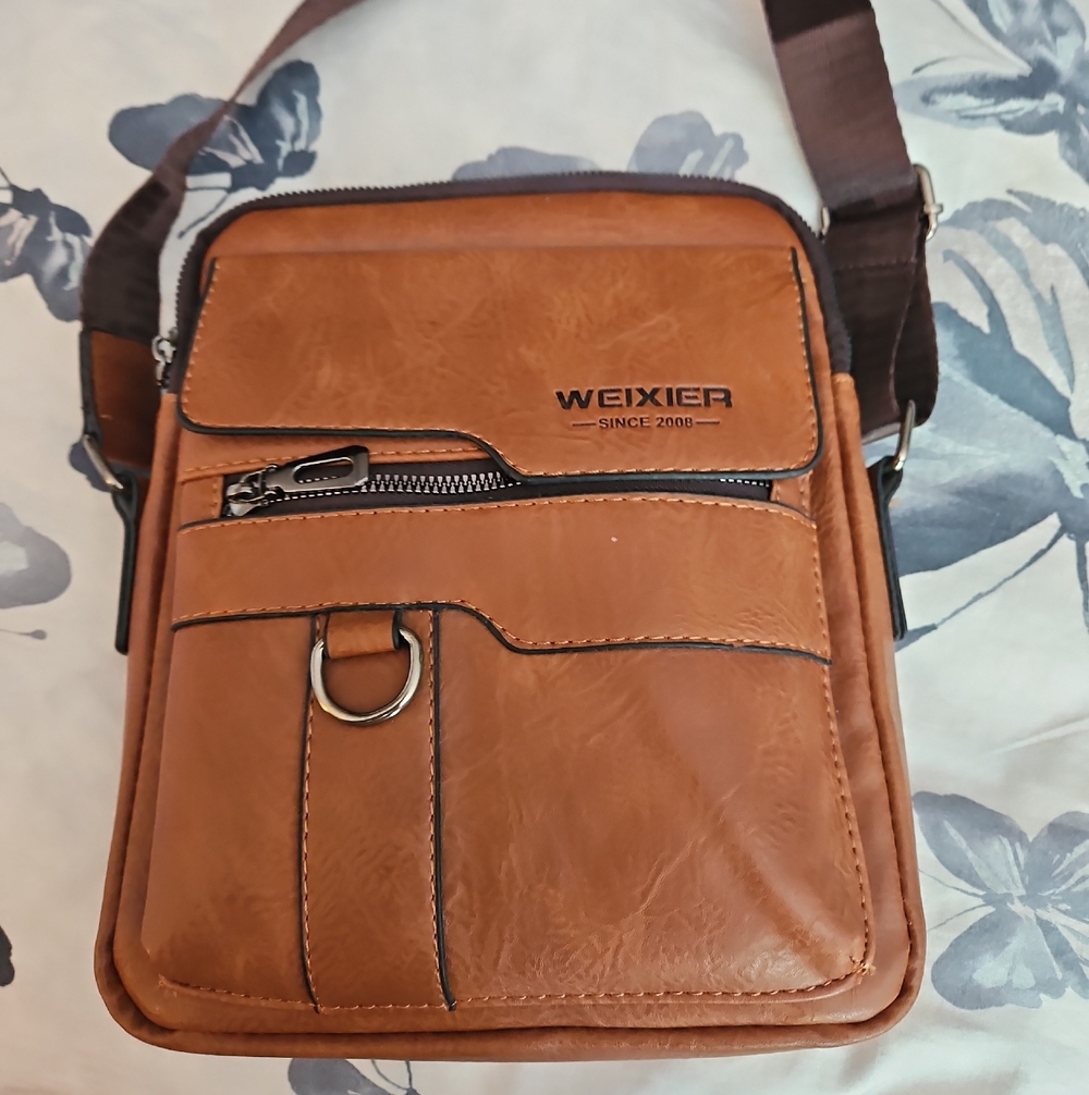 WEIXIER Men's Tan Leather-Look Messenger Bag - Compact Crossbody